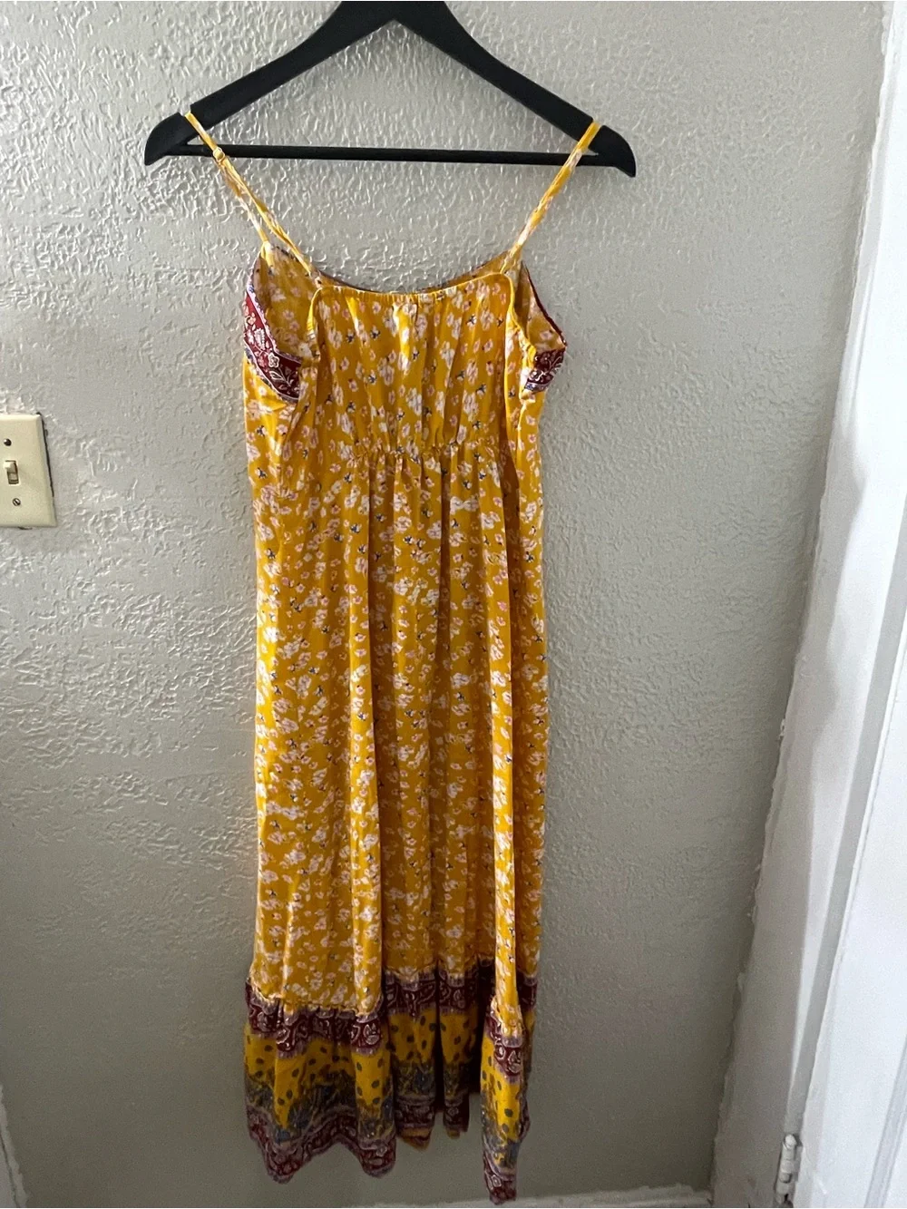 Umgee Women’s Yellow Print Boho Maxi Dress Spaghetti Strap Small‎